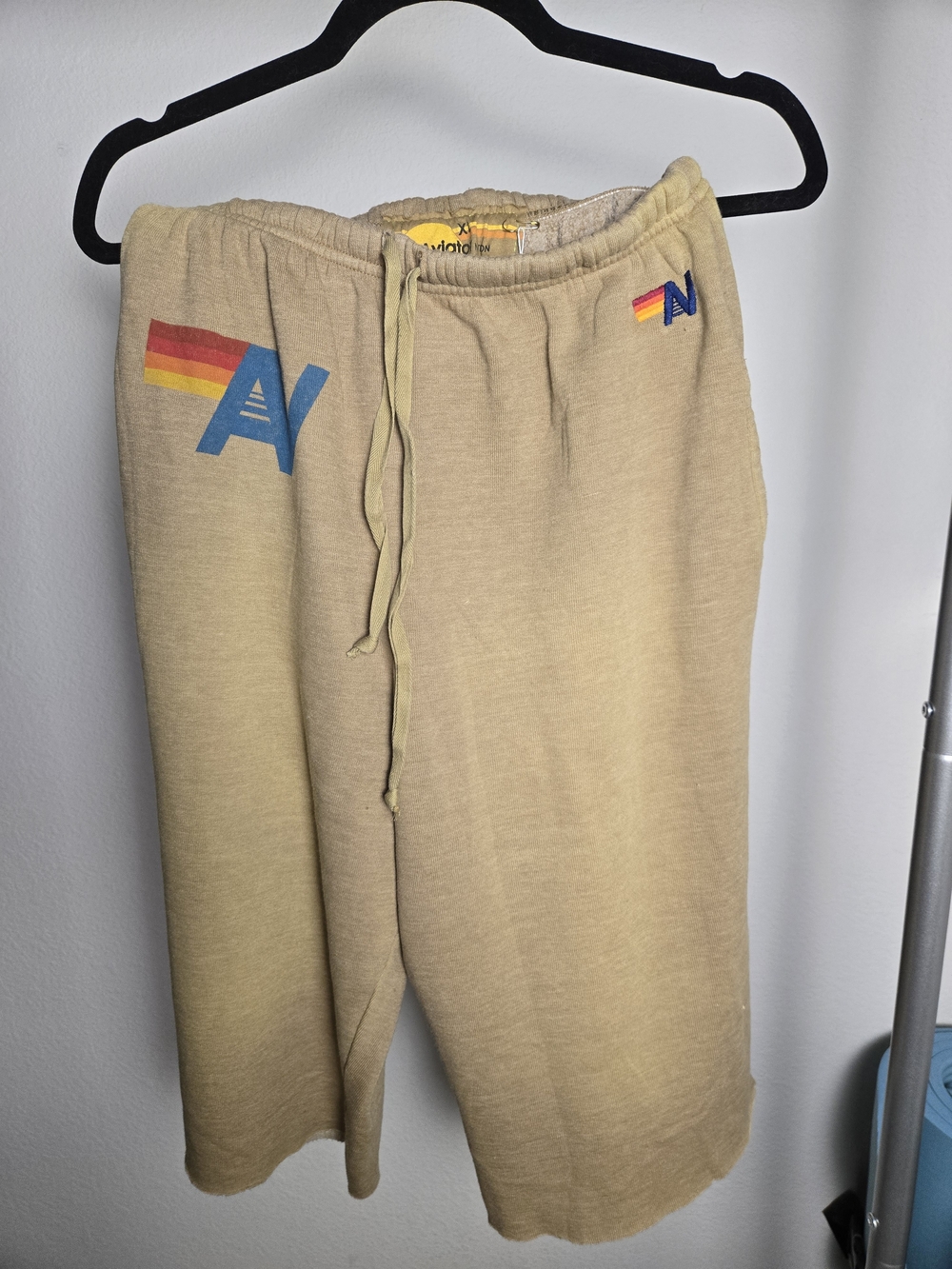 Aviator Nation Beige Athletic Shorts with Blue Logo & Rainbow Stripe